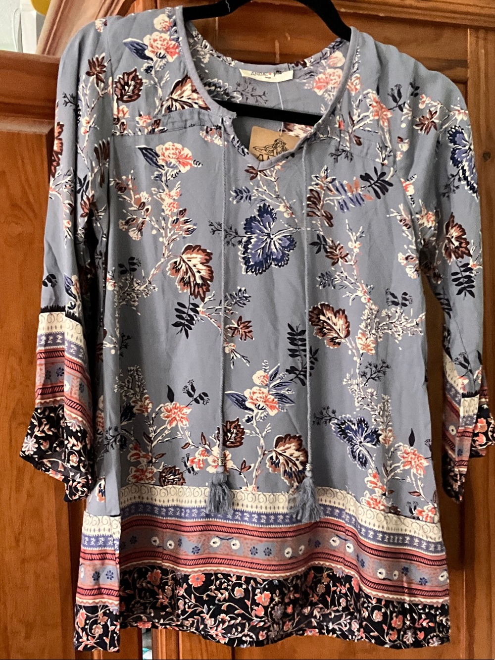 Angie Boho Slate Blue Floral Border Tie-Front Tunic Sz L